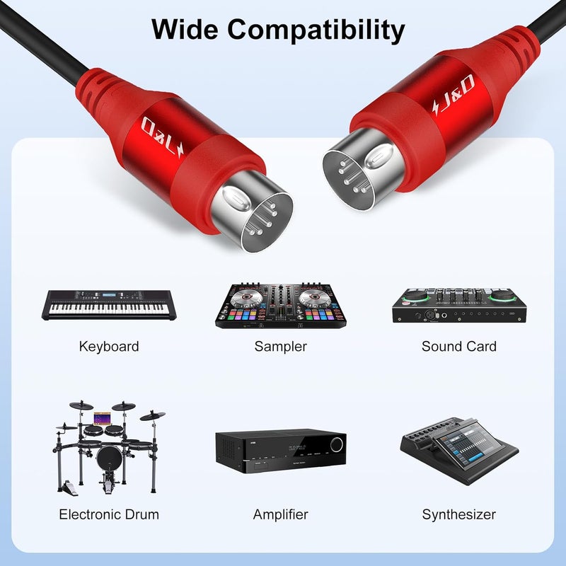 JD 5-Pin DIN MIDI Cable, Male to Male Cables Compatible with Keyboard, Synthesizer, Guitar Multi Effects, Audio Interface/Mixer/Amplifier, External Sound Card (Red, 10 Feet) - Image 5